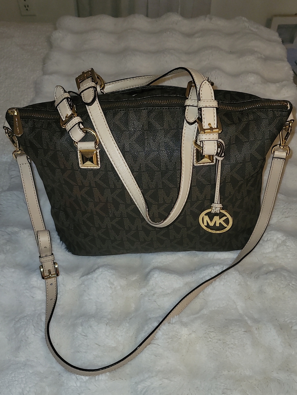 Michael Kors Brown Logo Shoulder Bag with Cream Trim